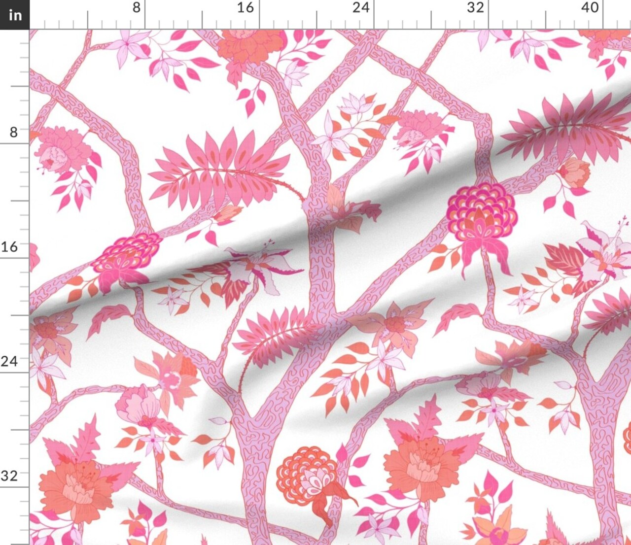 Peony Floral Chinoiserie Large Scale Pink Orange Maximalist Custom Printed Fabric by Spoonflower Various Fabrics by the Yard or Fat Quarter